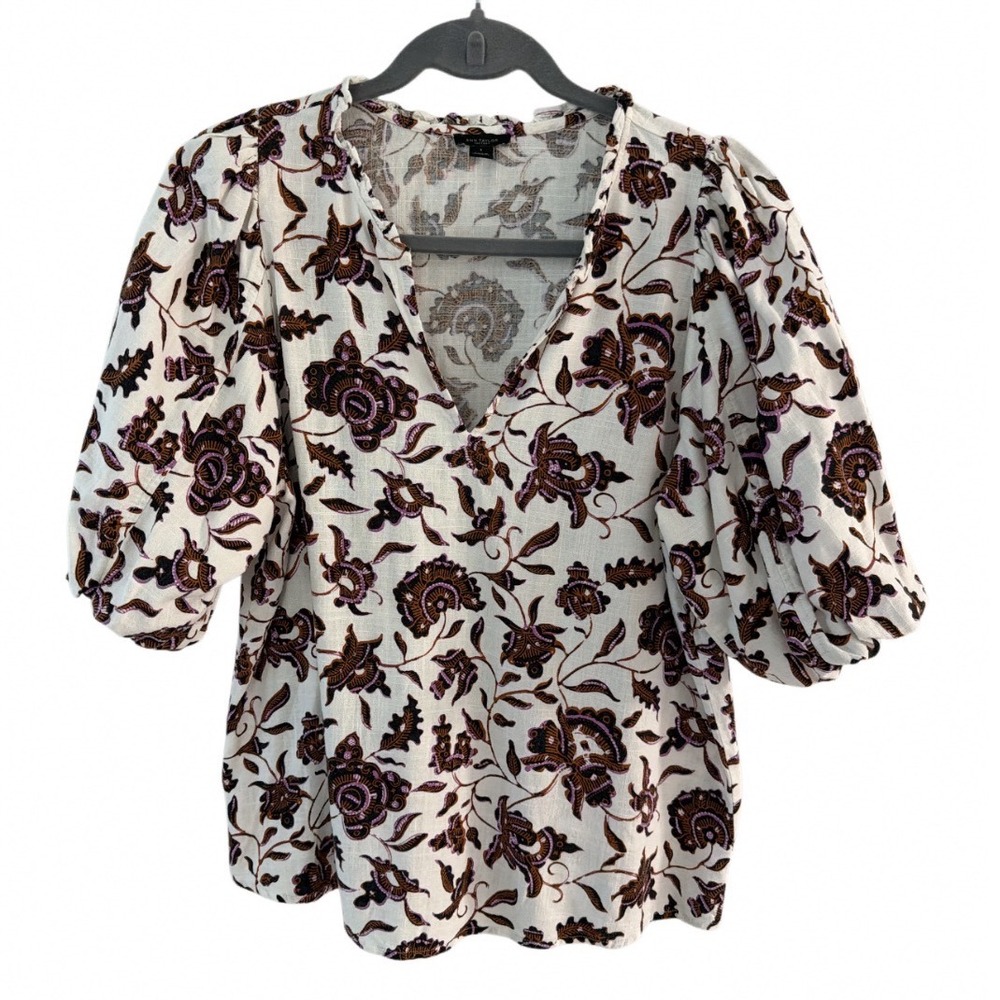 Ann Taylor Factory Womens Small Floral V-Neck Puff Sleeve Linen Blend Blouse Top